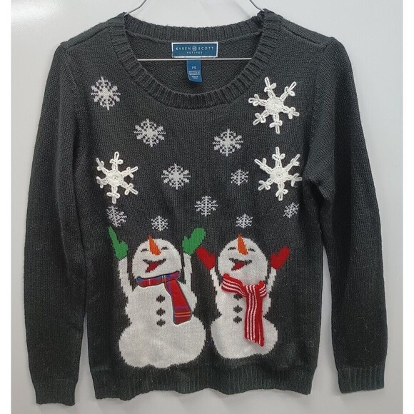 Karen Scott  Snowmen Holiday Sweater Black Petite Small Snowflakes Christmas - Picture 1 of 6